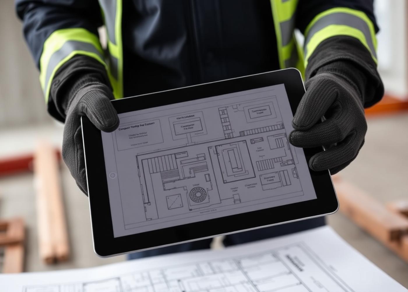 Handwerker prüft auf einem Tablet einen Bauplan auf der Baustelle