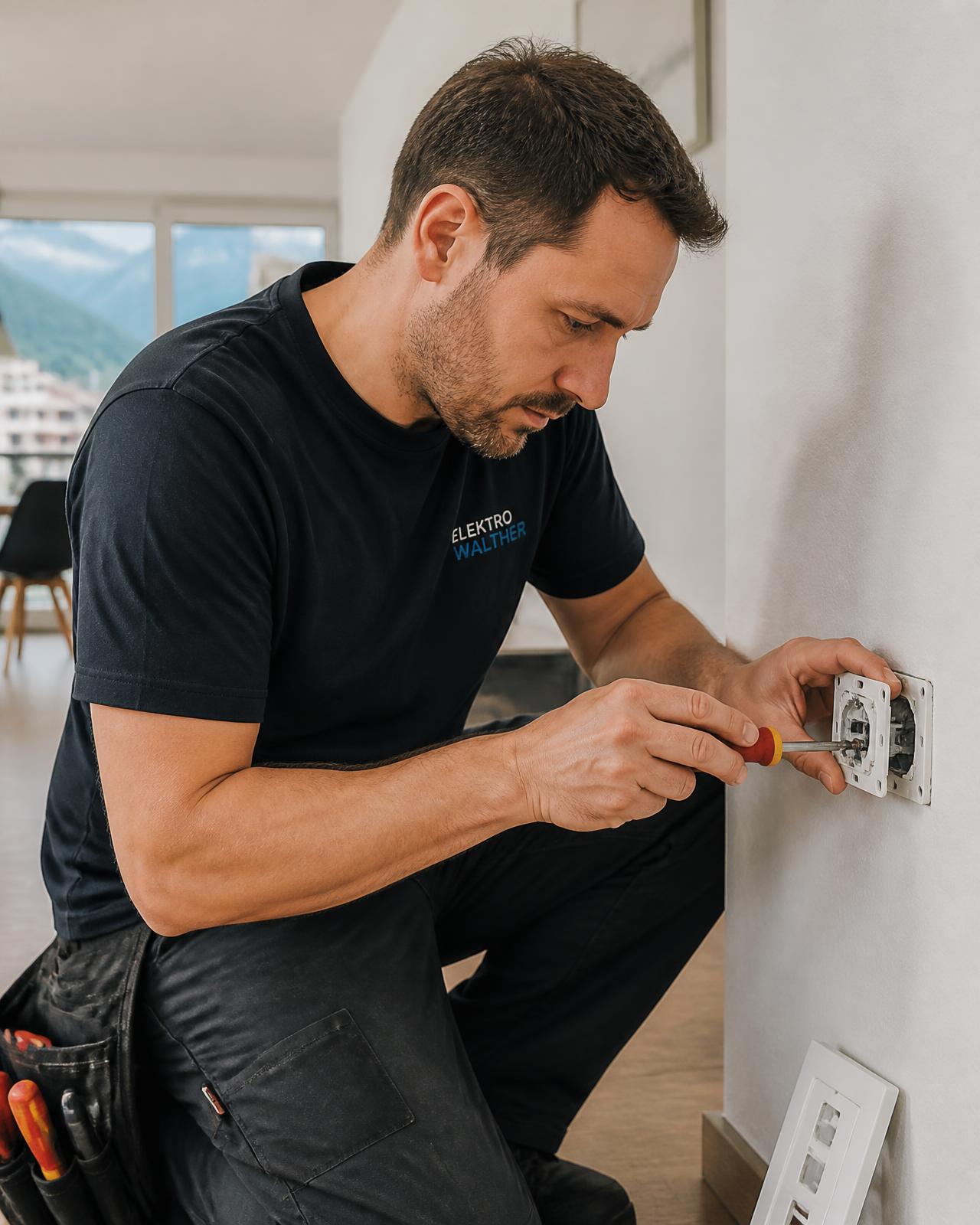 Elektriker bei einer Reparatur einer Steckdose