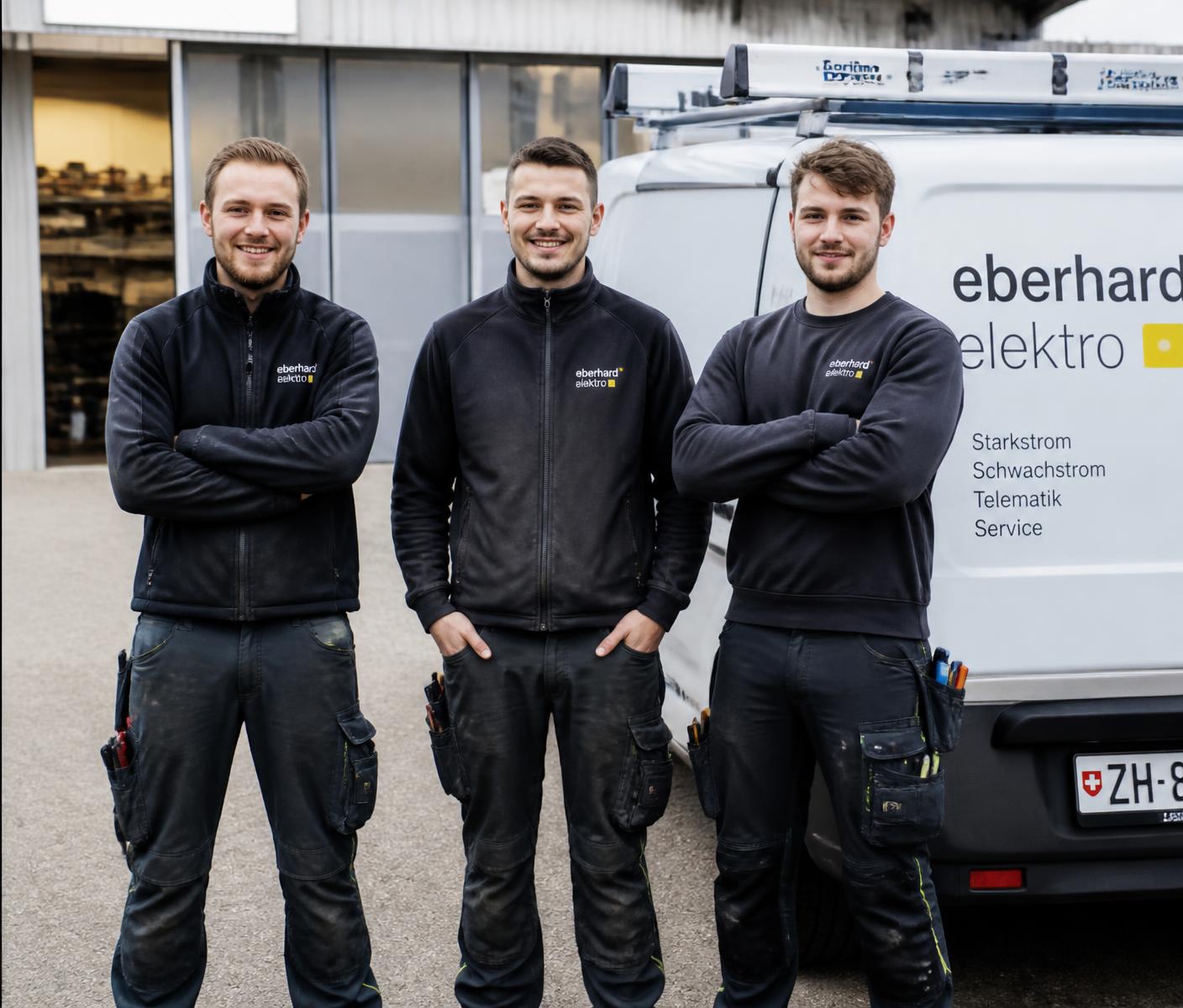 Team der Elektro Müller AG vor dem Firmenfahrzeug