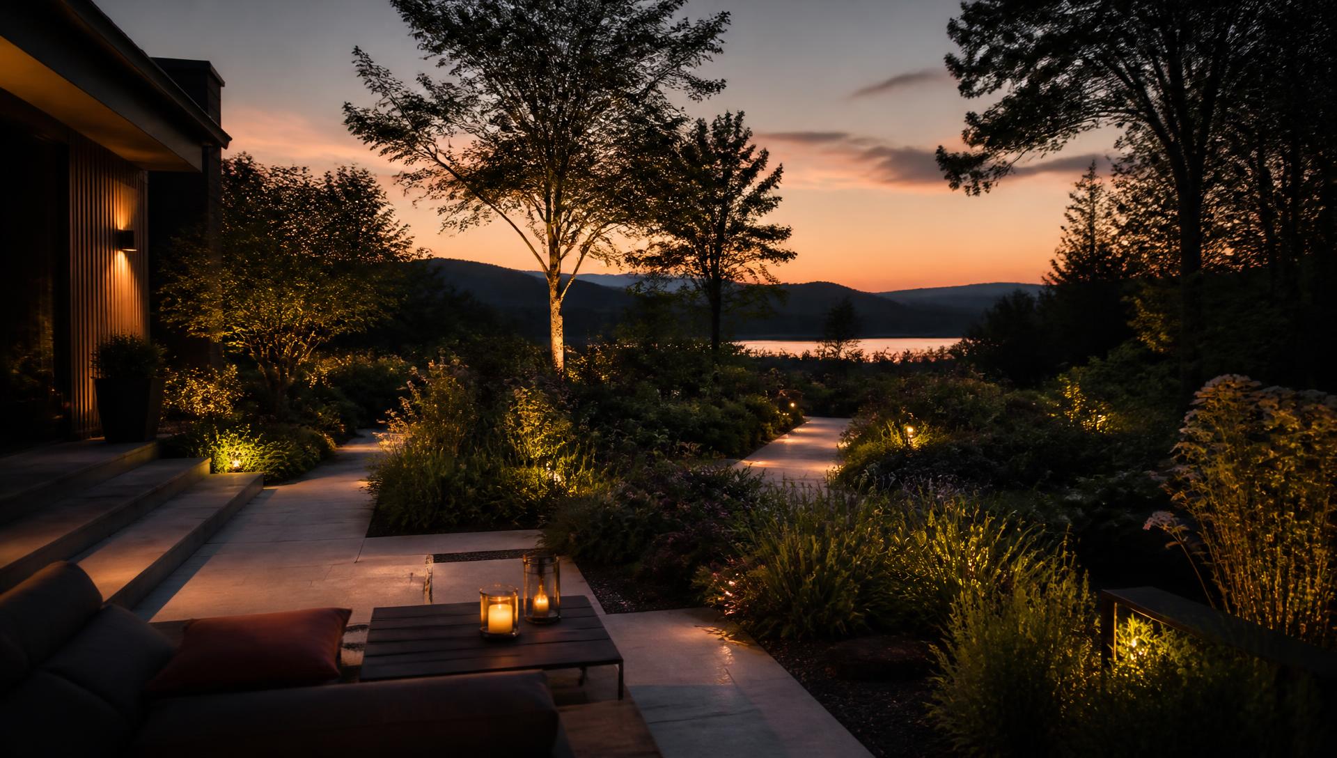 Gestalteter Garten mit Terrasse im warmen Abendlicht
