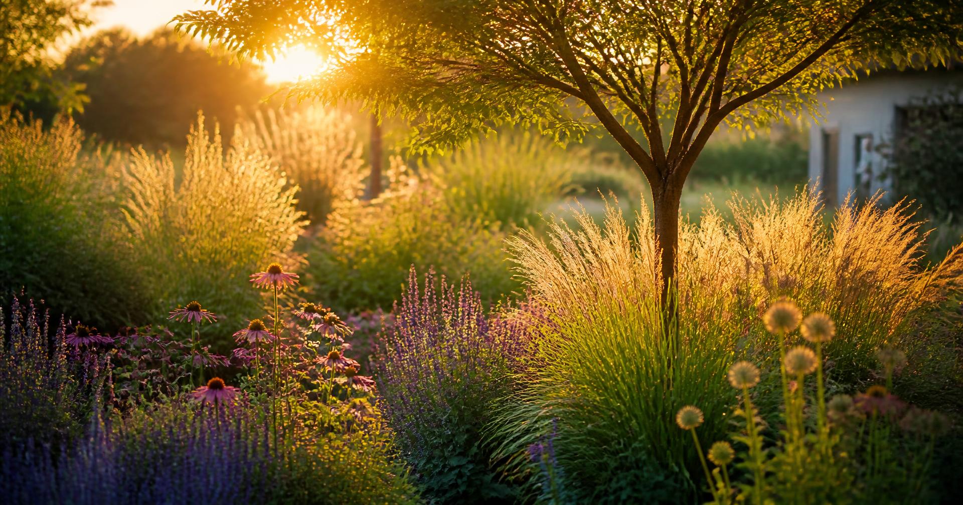 Staudenbeet mit Gräsern und Blüten im warmen Abendlicht