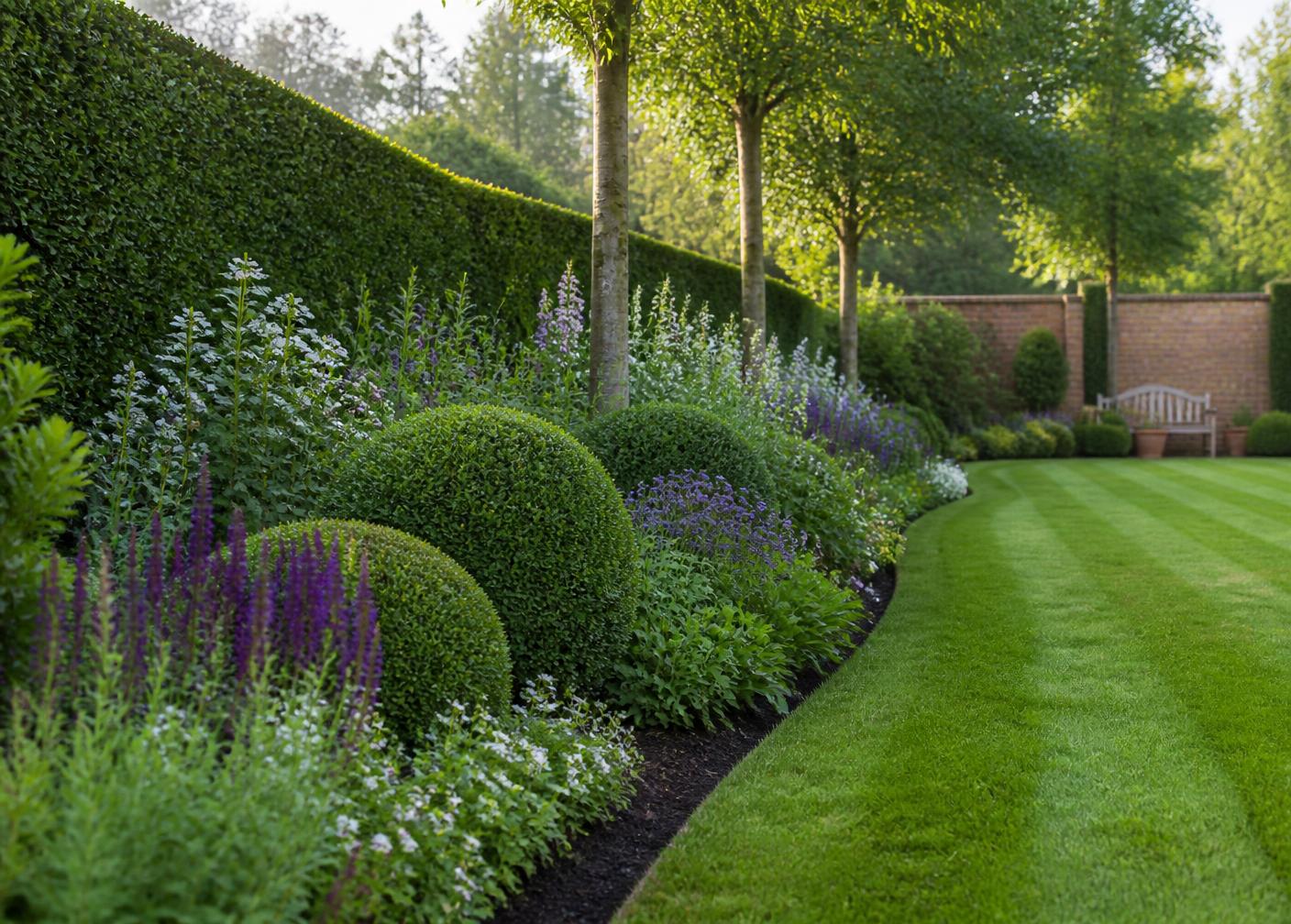 Gepflegter Privatgarten mit geschnittener Hecke, Staudenbeet und sauberer Rasenkante