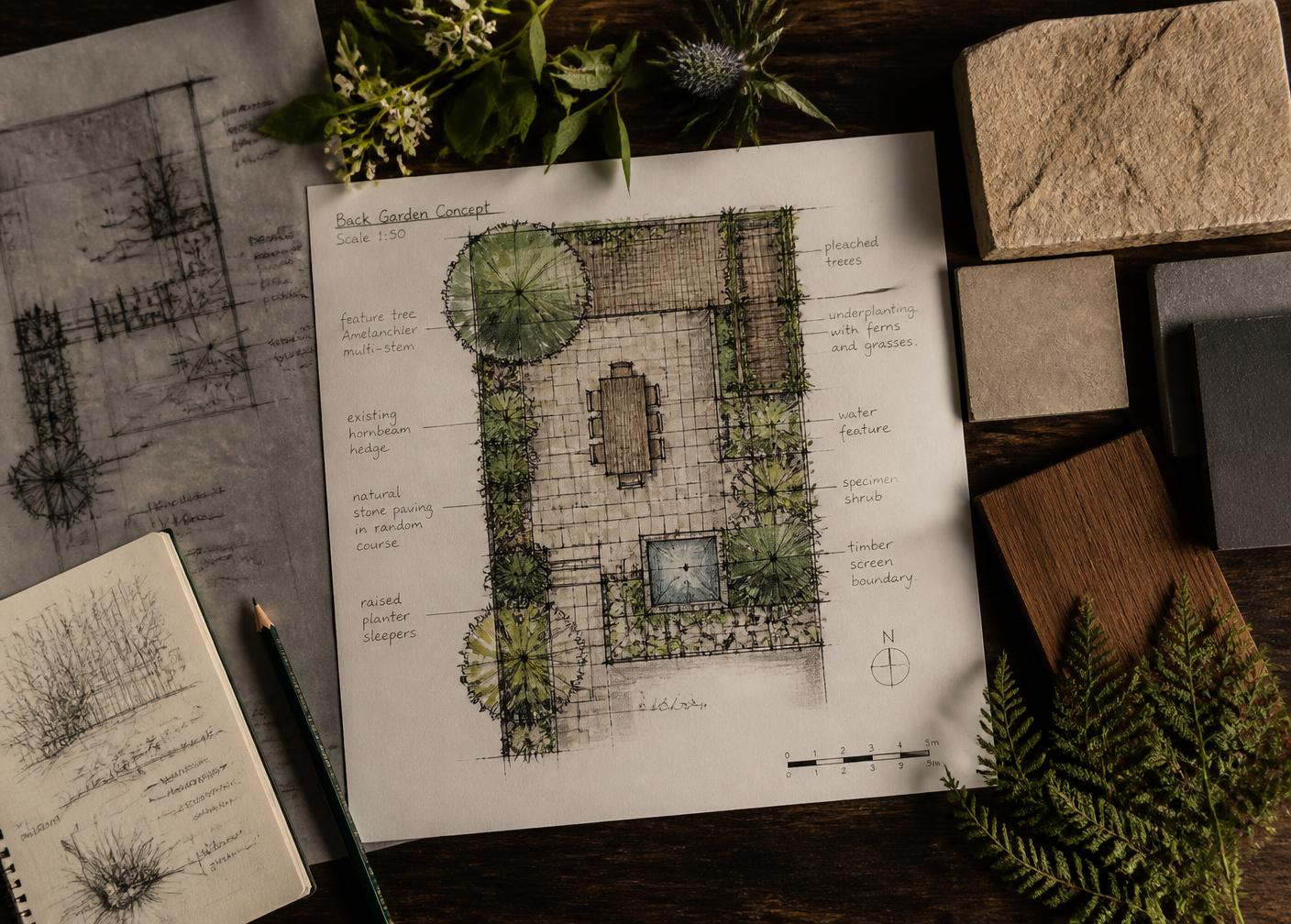 Gartenplan mit Handskizze, Materialproben und Pflanzenkonzept