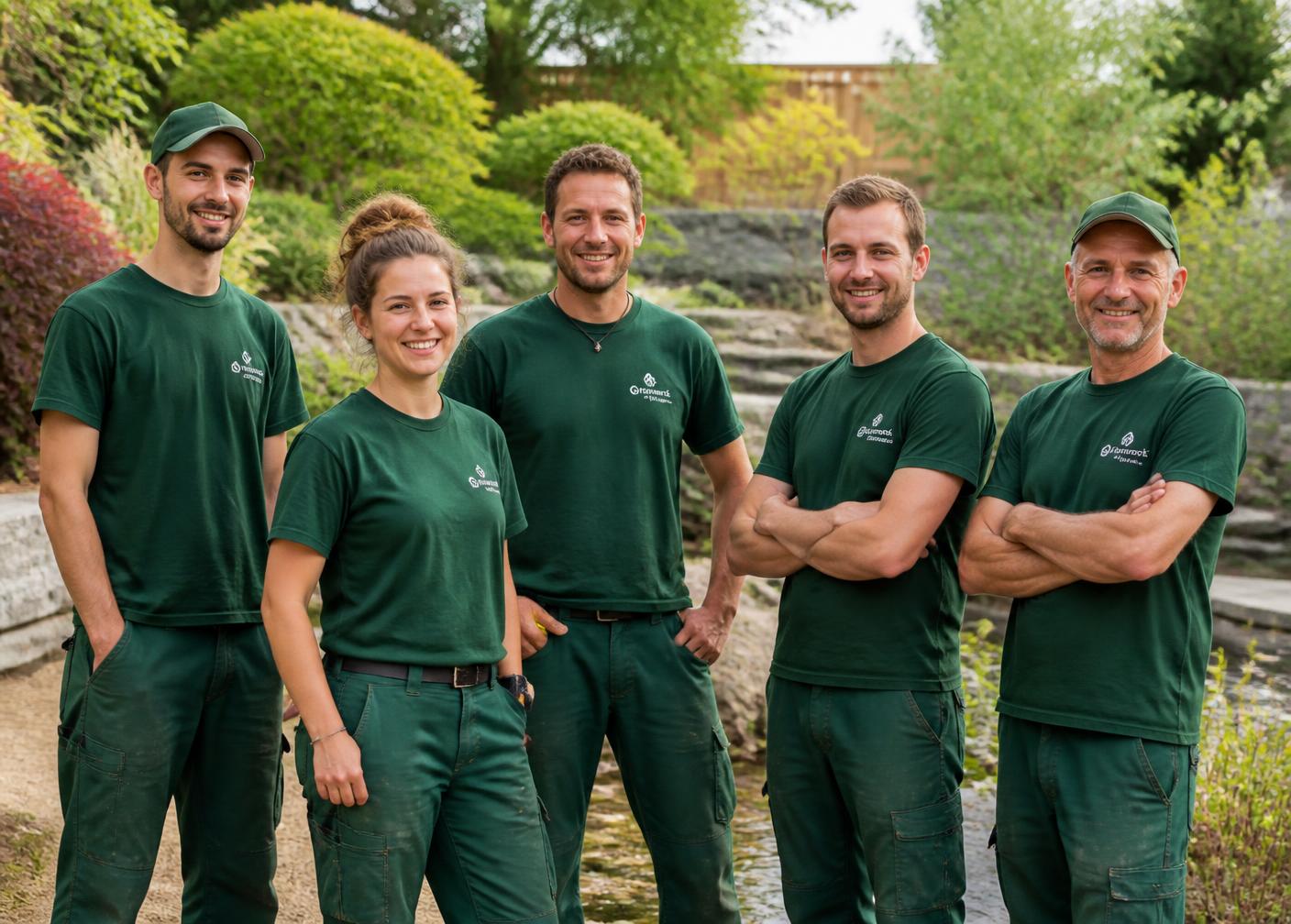 Kleines Gartenbau-Team von Gartenwerk Aargau in einem gestalteten Garten
