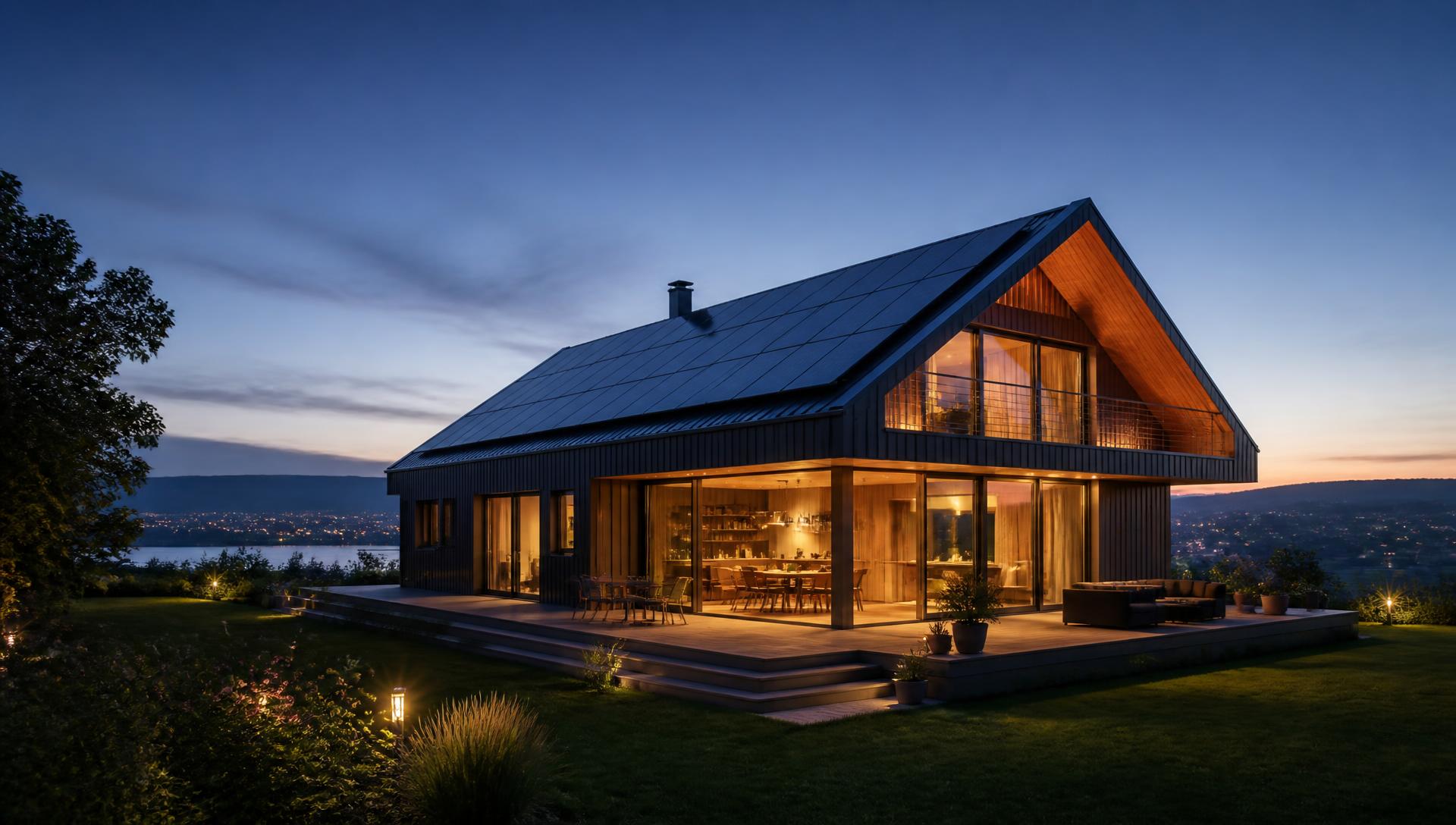 Modernes Haus mit Solaranlage im Abendlicht
