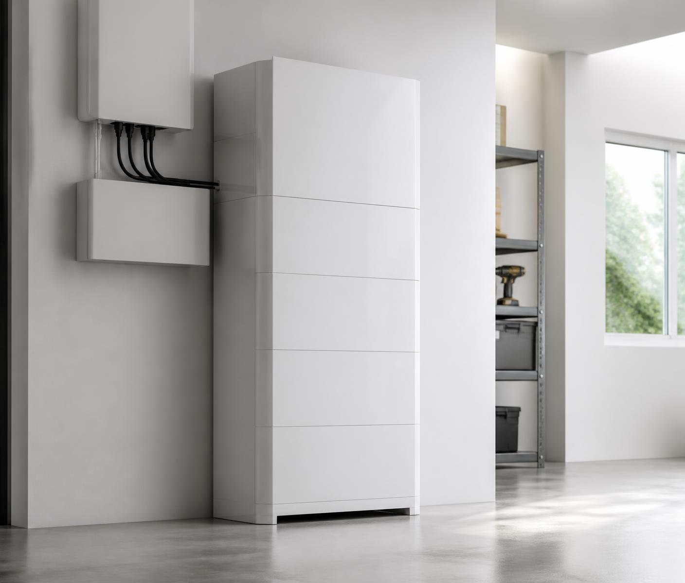 Moderner Batteriespeicher in einem hellen Technikraum