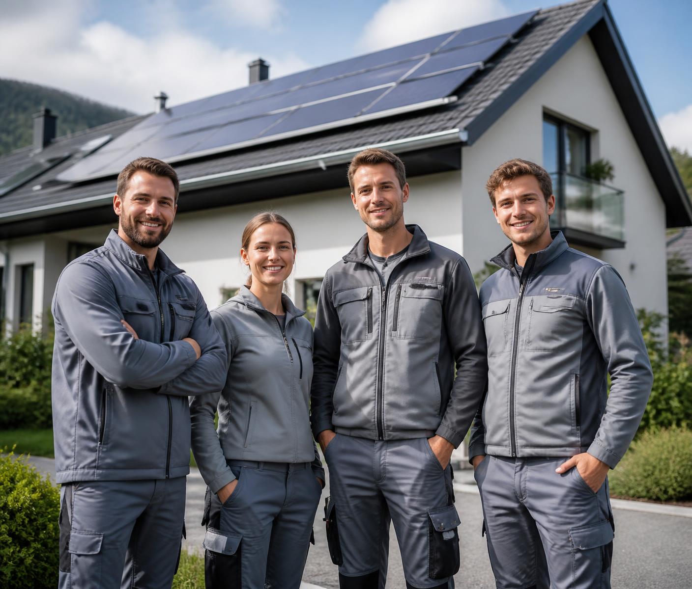 Team von Helvetic Solar vor einem Gebäude mit Photovoltaikanlage