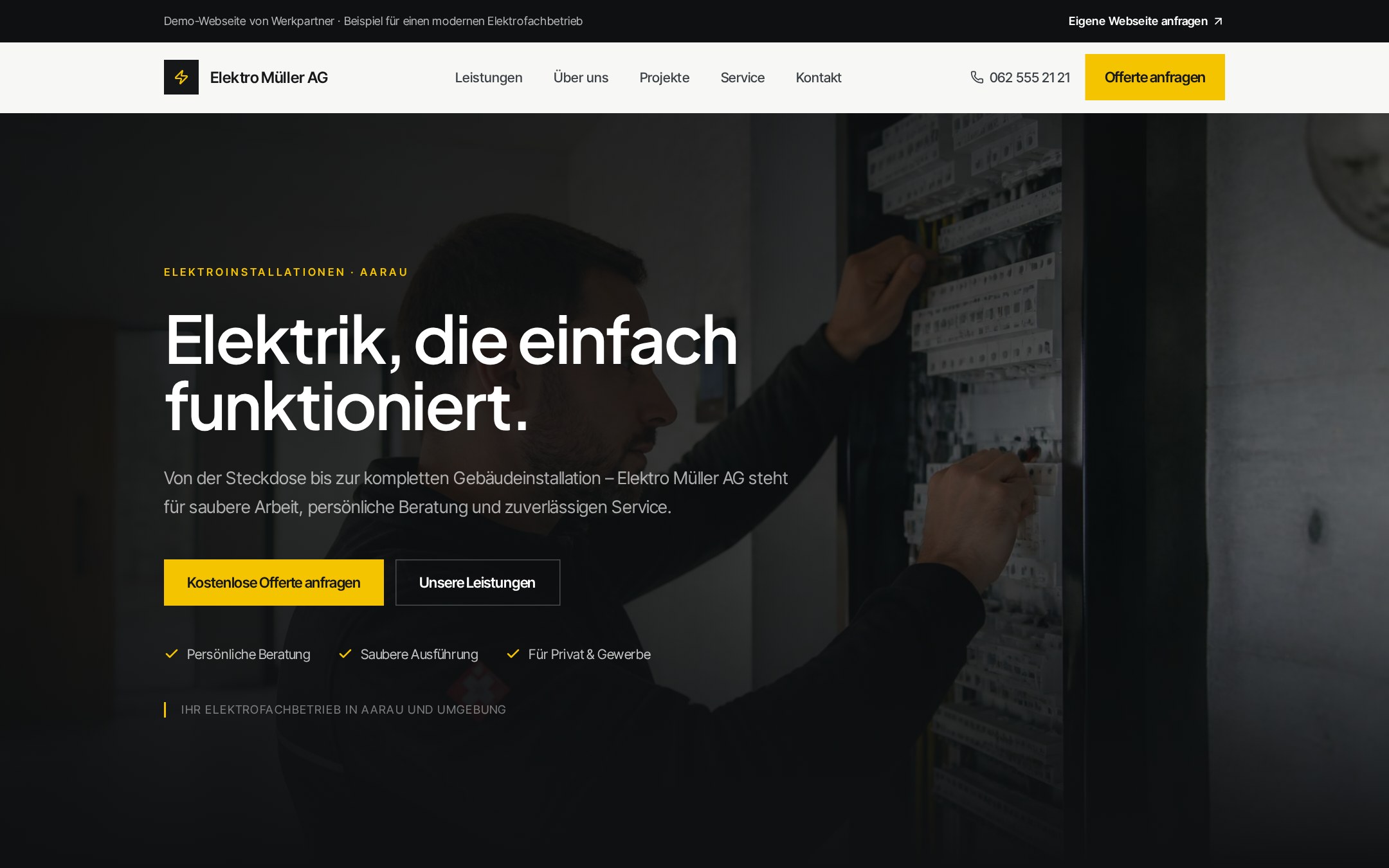 Startseite der Demo-Webseite für Elektro Müller AG (Elektroinstallation)