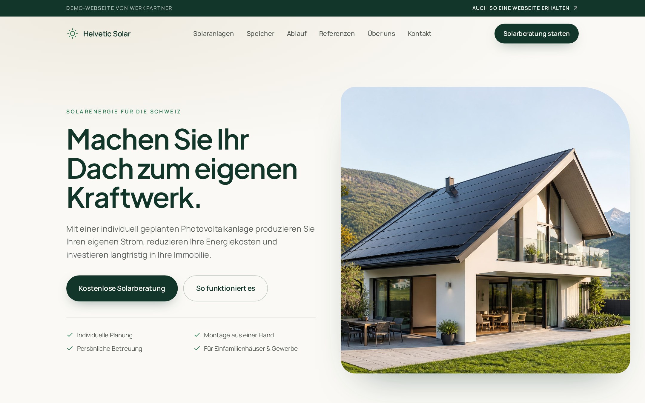 Startseite der Demo-Webseite für Helvetic Solar (Solaranlagen)